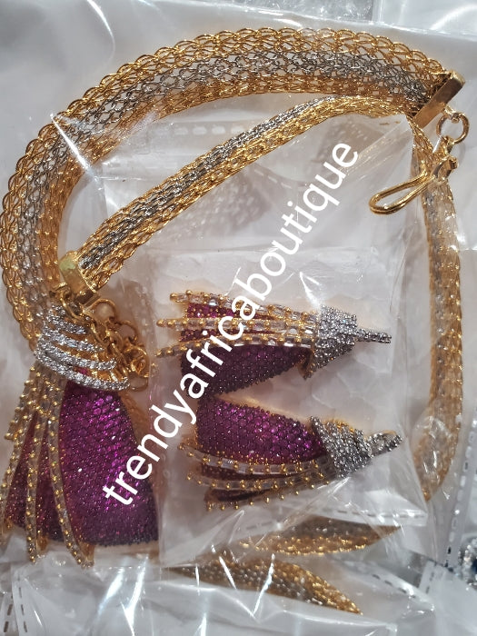 3pcs 22k quality 2 tone Gold electroplating choker set. magenta CZ dazzling stone setting mounted on Pendant/earrings + neck chan as a set. Top quality/hypo allergenic plating
