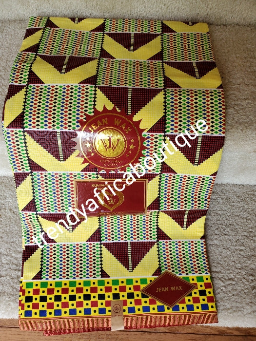 New arrival quality yellow kente design African cotton Wax print fabric. High quality Ankara print. Sold per 6yds. Excellent quality and background brocade design