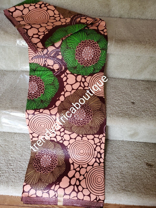 peach /green Holland Veritable African wax print fabric. 100% brocade cotton Ankara print for making African party outfit for men and women. Sold per 6yds and price is for 6yds. Soft luxurious Quality fabric