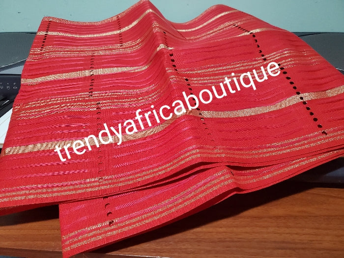 Clearance: dazzling hot Red/gold dazzling Aso-oke for making stylish gele. Extra wide 75" long× 20" wide aso-oke Fine Luxrous quality. This is available in gele only