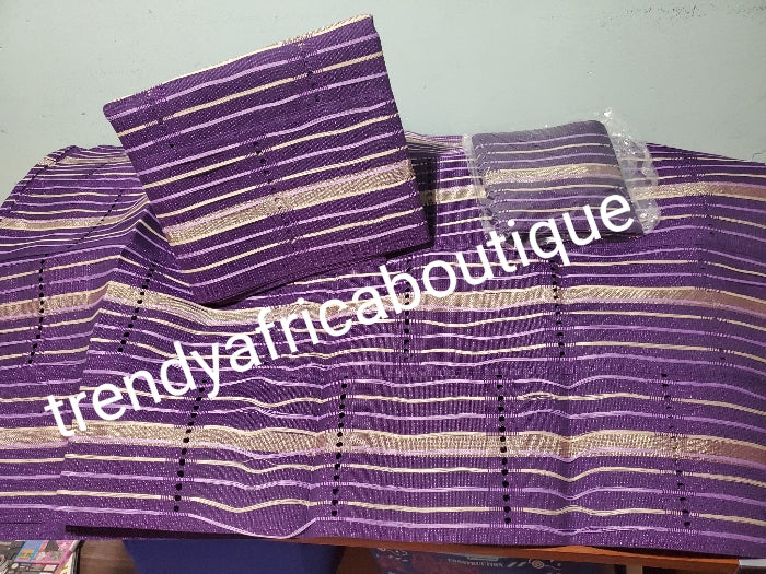 special price: Purple color Nigerian aso-oke gele/ipele/fila set. Beautiful vibrant colors, Lustrous feel. Extra wide and long Nigeria aso-oke gele + ipele 3pcs set