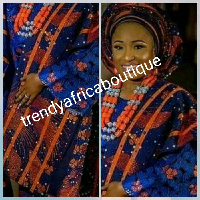 Navyblue/Orange Aso-oke Iro (wrapper) + extra wide Gele, + dazzling crystal stone Ipele. Nigerian Traditional ceremonies weave cotton fabric Make-to-order only. Custom-made design. Allow 6-8 weeks for order process.