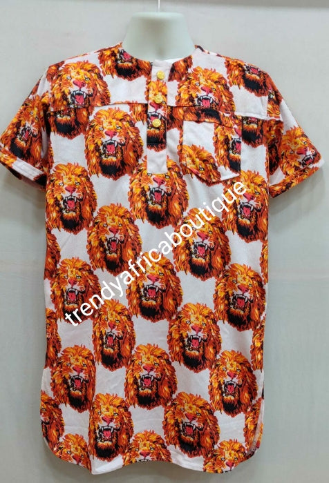 New arrival Isi-agu Igbo traditional/ceremonial shirt for men. White/gold isi-agu shirt size Large, Chest 44"
