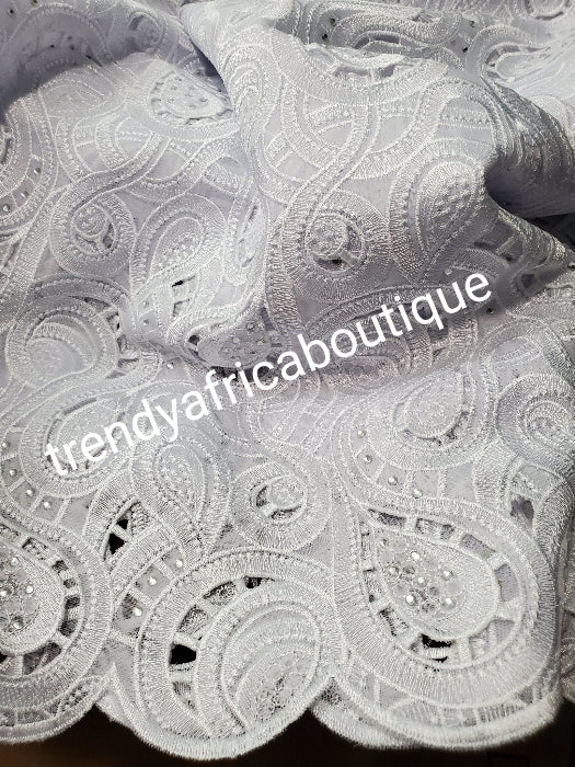 Sale, Sale: Big handcut pure White/White swiss lace fabric for Nigerian party. Embellished Celebrants crystal stones. Sold per 5yds. Price is for 5yds