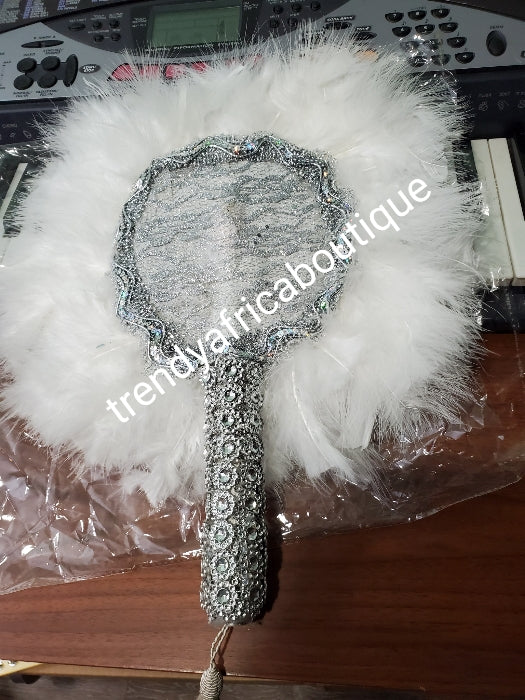Pure White/silver Feather hand fan. Small round feather fan with silver handle Nigerian Bridal-accessories front and back design