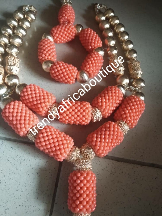 Back in stock: Classic Coral-necklace set. 3pcs set of coral necklace set for Nigerian Bride/Celebrant. Traditional wedding bead for big occasion sold per set. Nice drop coral necklace with gold bead accent