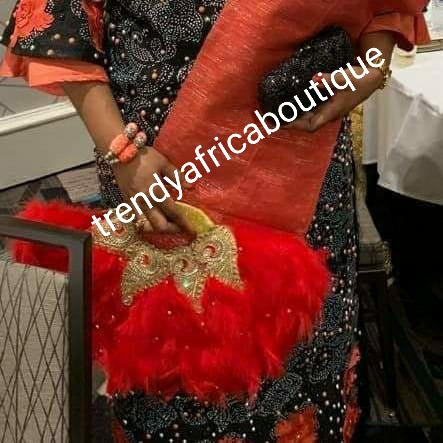 RED/GOLD Nigerian hand made Feather hand fan. Custom made, front/back same design. Large size fluffy feather fan Nigerian Bridal-accessories design with Gold flower petal, Nigerian celebrant accessories
