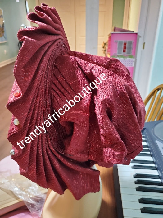 New arrival Wine auto-gele fan design beaded and stoned. made with Nigerian woven aso-oke. Party ready in less than 5 minutes. One size fit, easy adjustment at the back