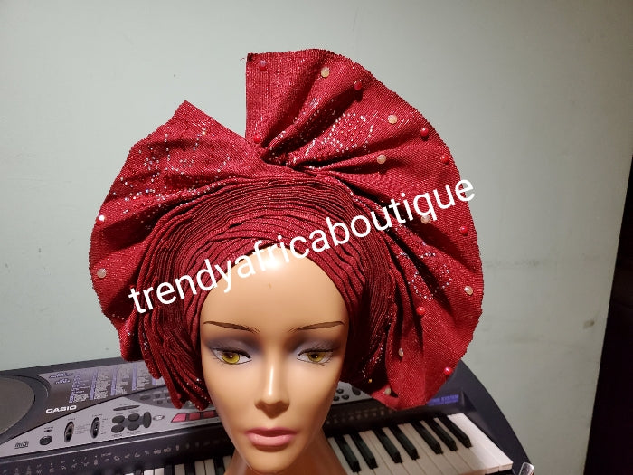 Wine fan design auto-gele beaded and stoned, made with Nigerian woven aso-oke. Nigeria gele Party ready in less than 5 minutes. One size fit, easy adjustment at the back
