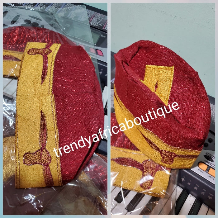 Nigerian native Agbada Men-cap. For big traditional Ceremonies. Wine aso-oke cap embrioded with gold color. Available in size 22, 23, 24 & 25