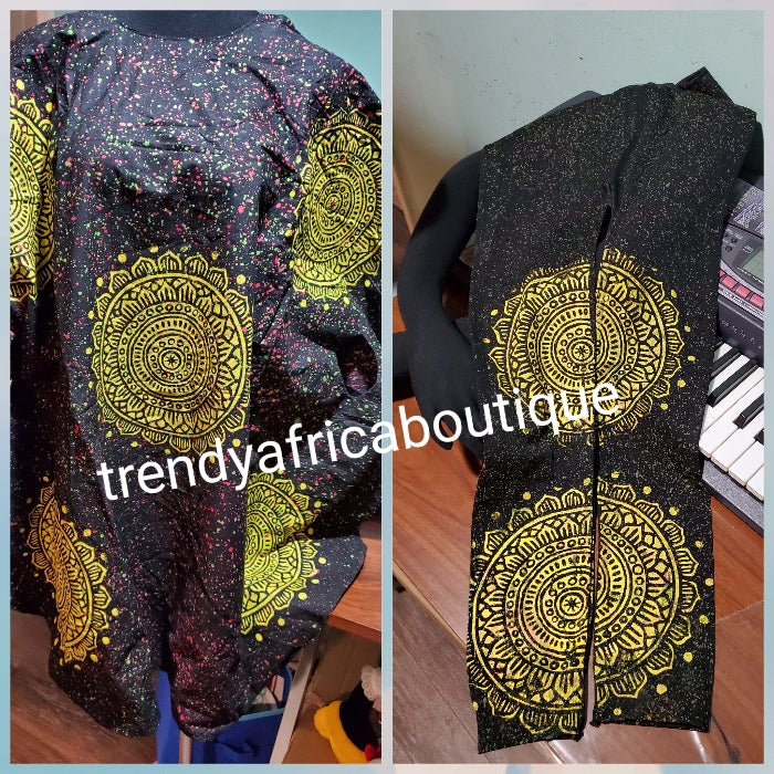 Sale sale: Latest Adire leggings and top. One size fit up to M/L. Classic tie and dye set for that casual outing is here for purchase. Leggings is stretchy to fit M/L Black/yellow.