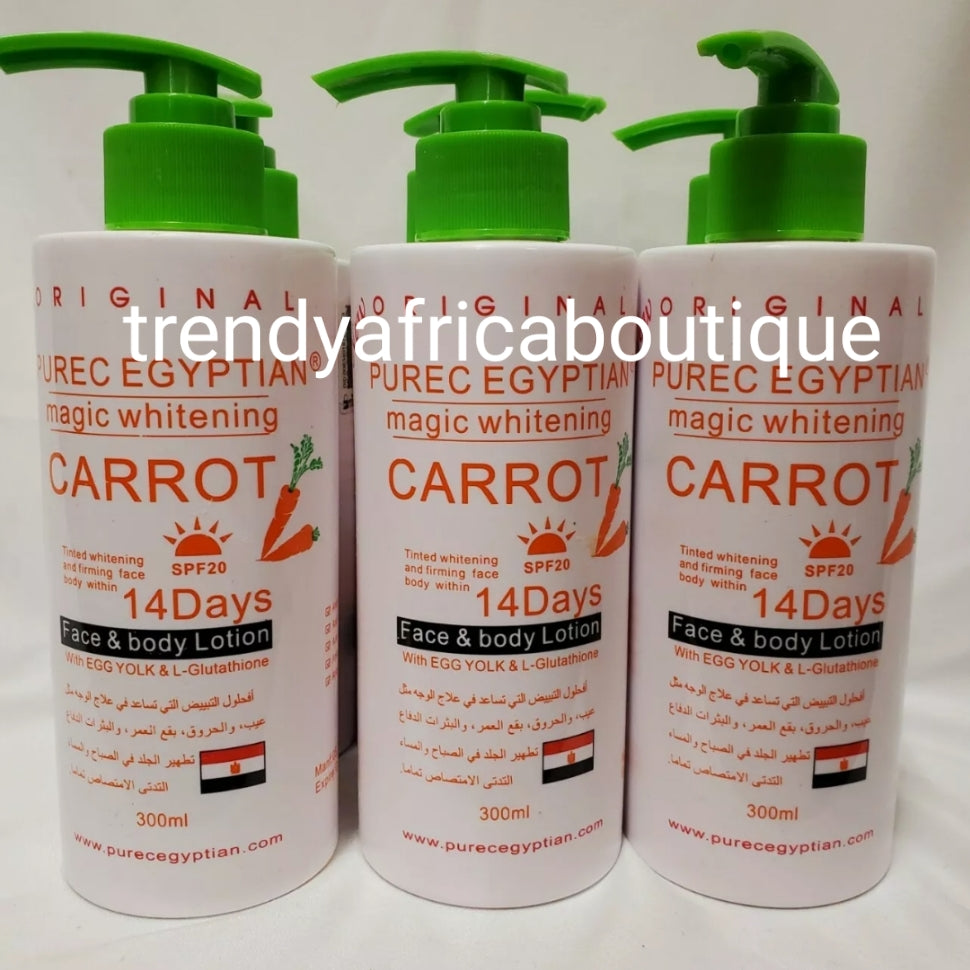 X2 bottle Original Purec Egyptian magic whitening carrot lotion 300ml.  Fast action lightening for face and body. Formulated with natural ingredients. Hydroquinone free!!