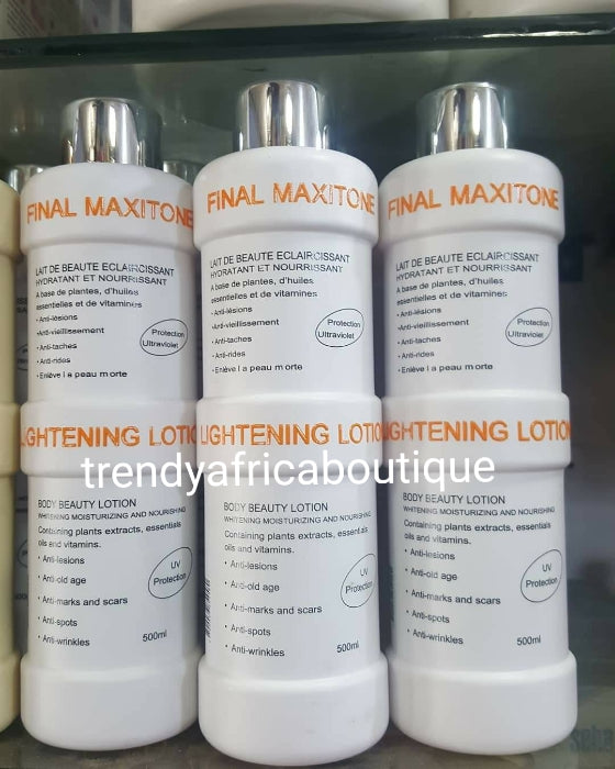 Final Maxitone Schnell wirkende, aufhellende Körperlotion. 500 ml authentisches Produkt. Enthält alle natürlichen Inhaltsstoffe, die Ihre Haut gleichmäßig aufhellen und strahlen lassen. Hydrochinonfrei!! Sie werden mit Ihrer Haut zufrieden sein!