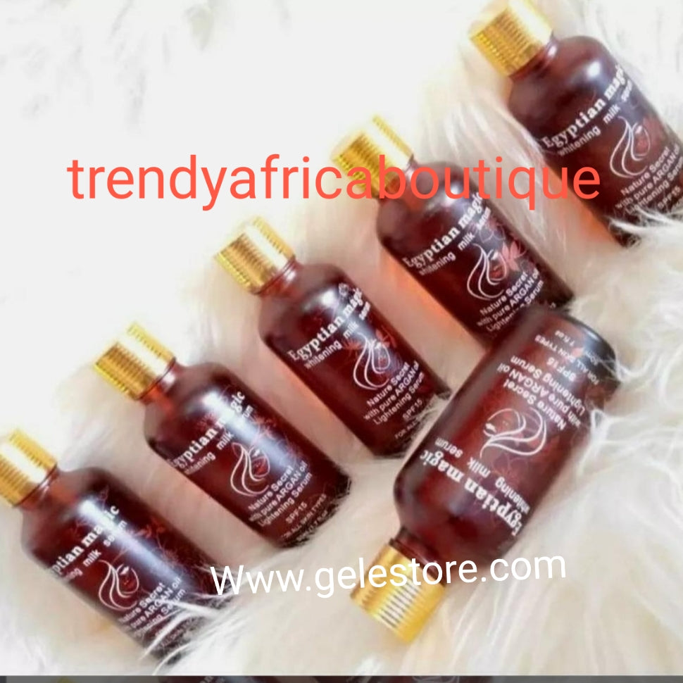 BACK IN STOCK!! Egyptian magic whitening milk serum with pure Argan oil. Clarify and removes blemishes from your skin. SPF 15. 50ml bottle. Mix thoroughly with your lotion and use 2 times a dayBa