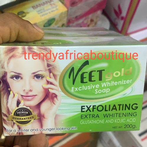 Veet gold Exfoliating extra whitening soap with glutathion & kojic acid 200g. Exfoliates and brighten your skin. Buy more and save