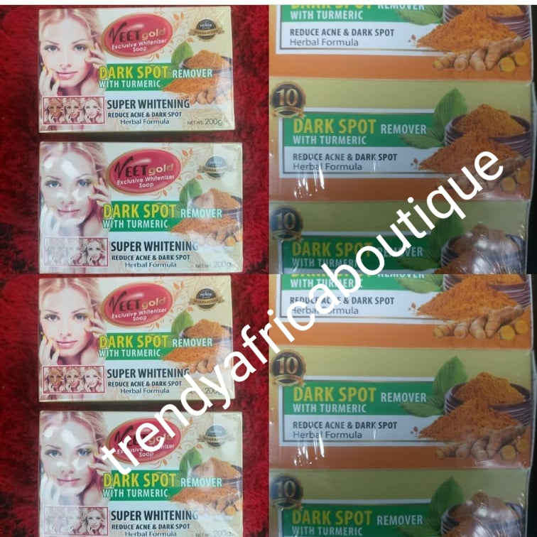 Veet gold exclusive soap: whitening & dark spots and acne remover with turmeric extracts 200g x1. Herbal formula face and body wash.