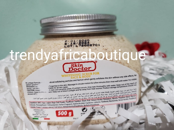 Skin Doctor face and body whitening apricot scrub for all skin type, gently exfoliates and remove dead skin cells. 500g jar.