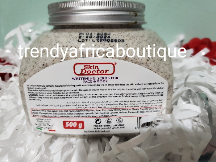 Skin Doctor face and body whitening Lavenda scrub for all skin type, gently exfoliates and remove dead skin cells. 500g jar.