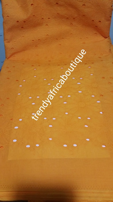 Sale: Orange color Quality dry swiss lace fabric for African traditional native wear. Sold per 5yds.. price is for 5yds