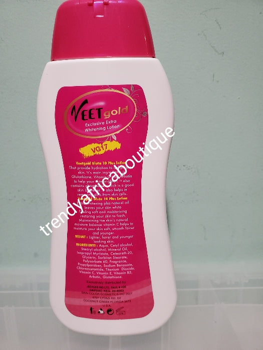 Veet Gold Gluta white X-10 plus extra whitening body lotion. 500ml. Glutathion, alpha Arbutin+ vitamin C. Visibly work to fade skin blemishes, lighten and brighten your skin. 500ml