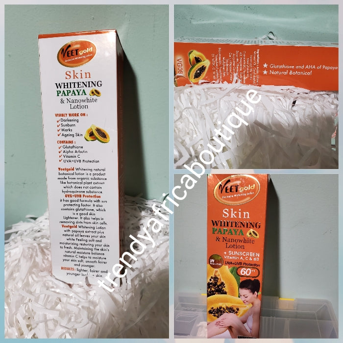 Veet gold exclusive whitening body lotion, papaya & nano white with free soap. Body lotion 400ml x1. HYDROQUINOUN FREE