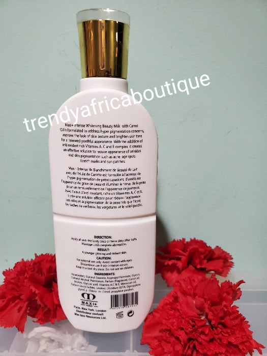 Maxi+ carotte intense whitening beauty milk 400ml; fomulated to treat, whiten and glow your skin. Body lotion that gives you that beautiful yellow undertone!!