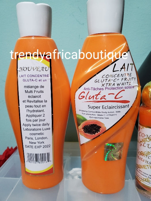 Lait gluta - C fruity whitening body lotion 350ml multi fruit acid blend and glutathion. Revitalize and hydrate your skin given it a perfect golden, yellow skin tone!