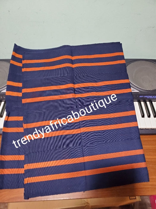 Cotton Aso-oke. For making bigger gele. 82" long x 25x wide. Originally woven. Navy blue/orange