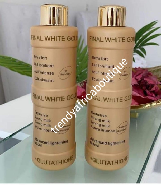 Original finale Weißgoldlotion mit Glutathion 500 ml, fortschrittliche Tonisierungsmilch mit natürlichen Pflanzenextrakten. Schnell wirkende, sichere Aufhellung der Haut. 500 ml Körperlotion.