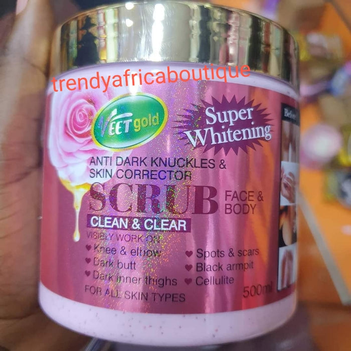 New Veet Gold whitening anti dark knuckles and skin corrector scrub. Clean and clear 500g jar. Effective knuckles scrub for sensitive skin.