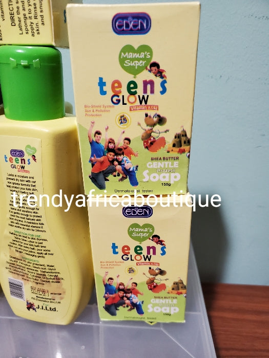 2pcs. Combo Eden glow body lotion 450ml + bar soap 200g for kids and teens. Formulated with natural ingredients to nourish the growing body.