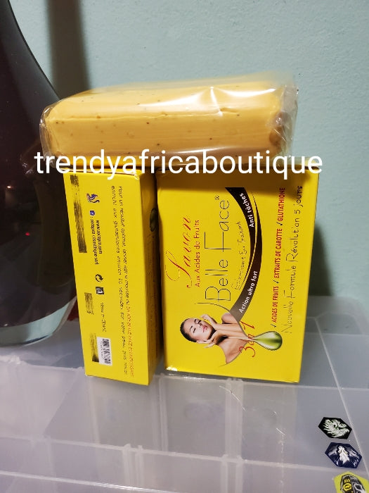 3 soap: sale Belle face 3 in 1 whitening and treatment bar soap. Fast action. Formulated with carrote extract and fruit acid. 200g bar ×1 soap sale.