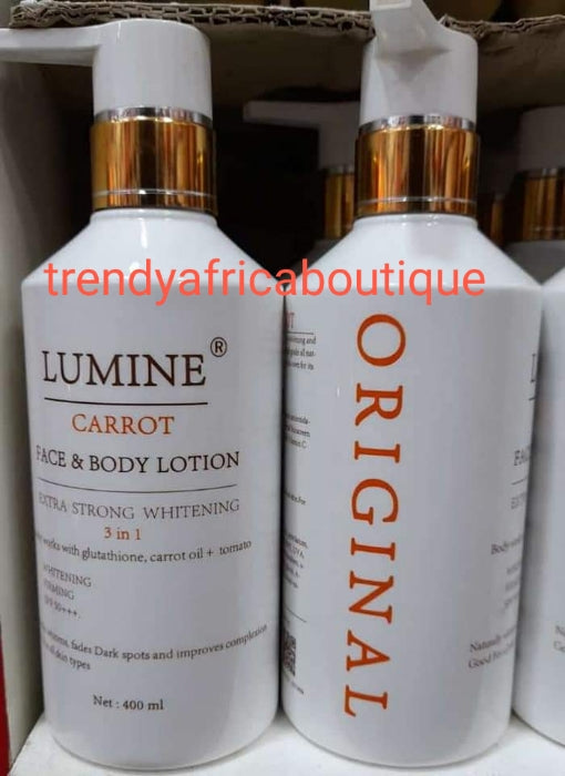 3pcs set. Lumine Carrot face and body lotion, serum+ soap set. Extra strong whitening 3 in 1 with glutathione, carrot extracts + tomato. Whitening and firming with spf 50. +