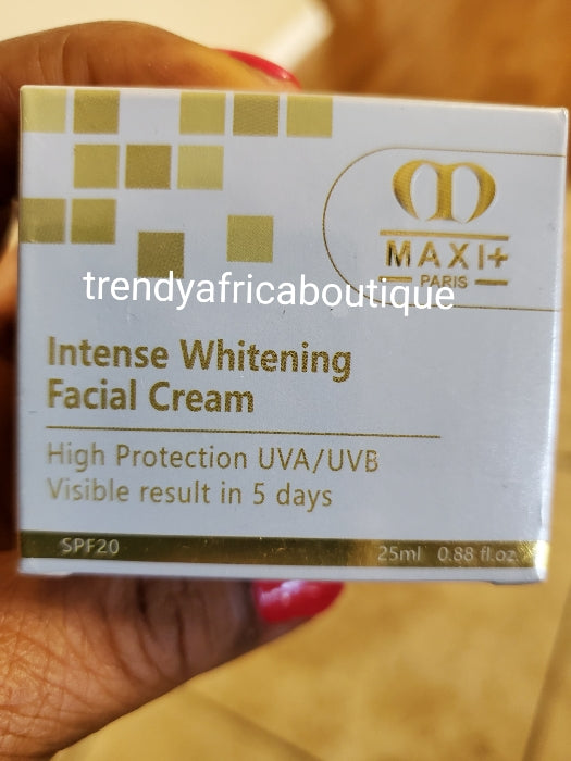 Maxi + paris Intense Whitening face cream with carotte extracts. spf 20. Visible results in 5 days. 25ml . Targets hyperpigmentation problems