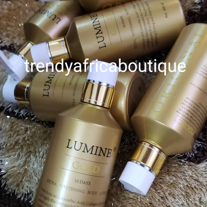 X 1 bottle Lumine gold face and body lotion 400ml. Extra whitening with collagen, kojic acid. Tones and heal your skin with Spf 50. Firming and glowing