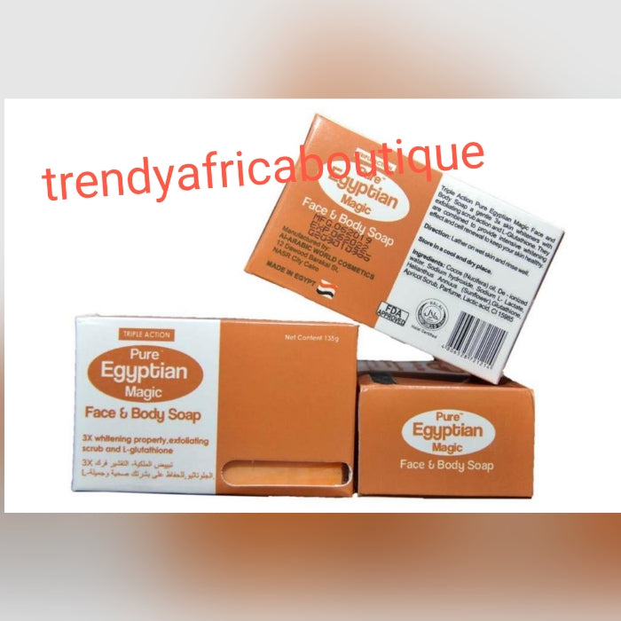 Original Pure Egyptian magic triple action soap for face and body. X 1 bar soap sale. Triple action whitening properties with L-Glutathion