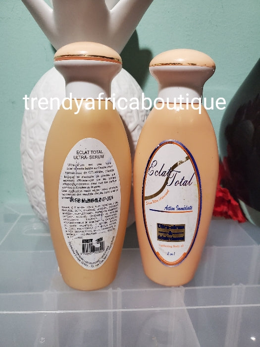 Back in stock Eclat total 2 in 1 skin lightening body lotion 500ml + eclat total serum 150ml, + lightening soap combo. Lighens & treat