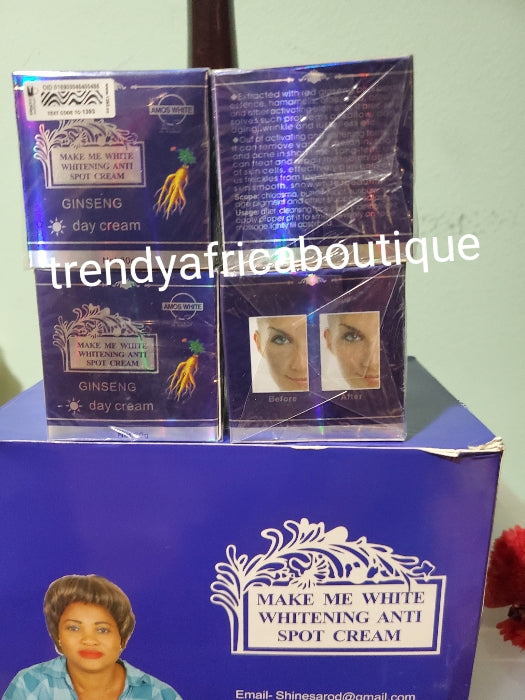 Make me white Anti Spot day face cream. 7 days Action. Whiten with sparkles.50g jar. Apply during the day