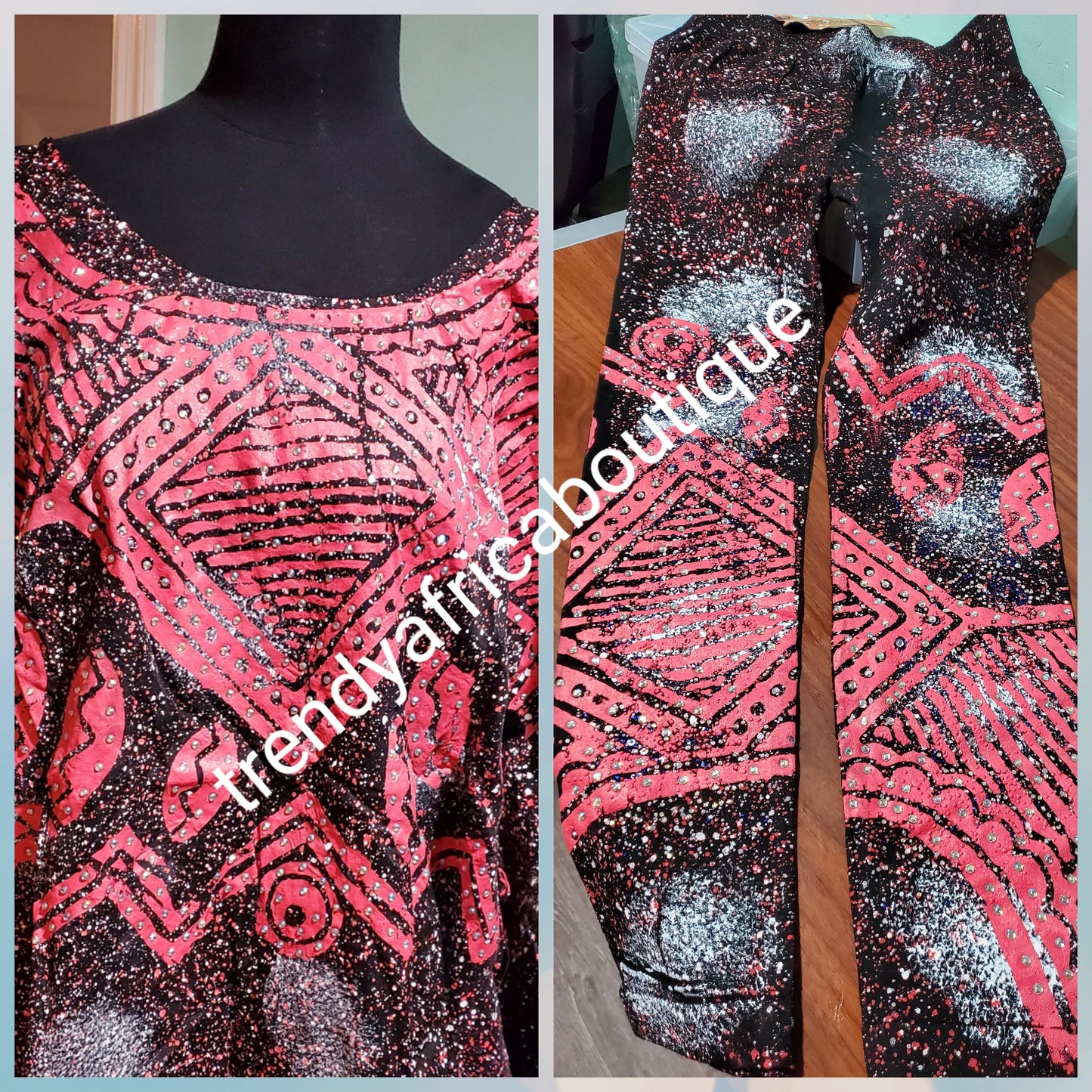 Sale: Latest Adire leggings and top embellished with crystal stones One size fit up to XL: burst 48", top lenght 35" Classic tie and dye set for that casual outing is here: Black/coral/white