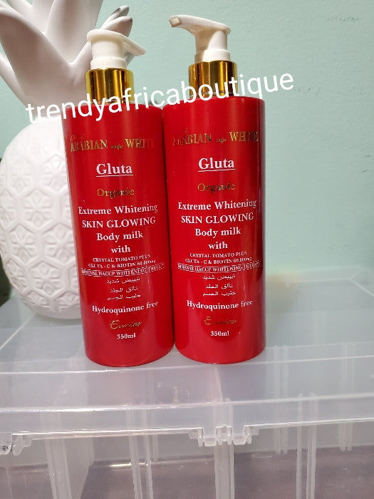 Arabian magic white. Gluta organic skin glowing body with crystal tomato, glutathion + vit Elotion 350ml x 1 bottle. Free!! Excellent whitening therapy.