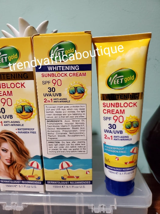 Veetgold whitening sun block cream with spf 90, anti aging, anti wrinkles properties. 150ml tube