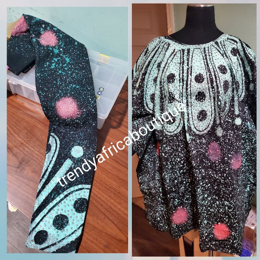 Sale: Latest Adire leggings and top embellished with crystal stones One size fit up to XLarge.  burst 48", top lenght 35" Classic tie and dye set for that casual outing is here:  Black/mint green