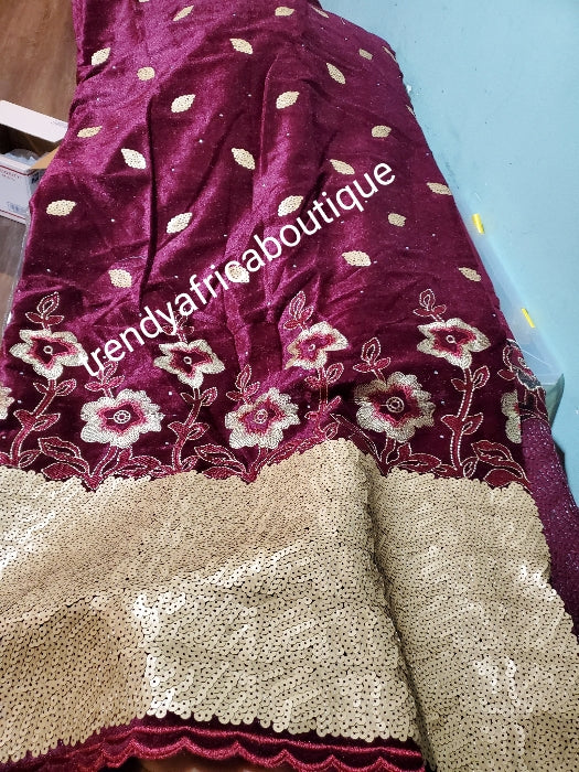 5yds wine/gold embriodery and sequence VELVET wrapper embellished with white sequine. Classic for making Nigerian traditional 1st outfit for Bride. Edo/igbo Bride outfit. Soft velvet and fully lined. Width is 45"