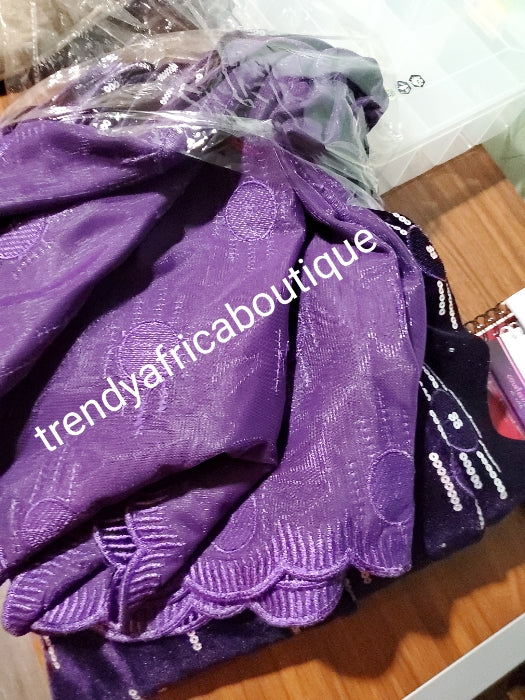 5yds Purple embriodery and sequence VELVET wrapper embellished with white sequine. Classic for making Nigerian traditional 1st outfit for Bride. Edo/igbo Bride outfit. Soft velvet and fully lined. Width is 45"