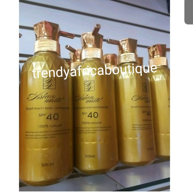 Asian white snail mucin and Niacinamide & Albutin body lotion. 100% natural skin treatment with spf 40. Repair tired skin due to excessive use of strong whitening products. 500ml
