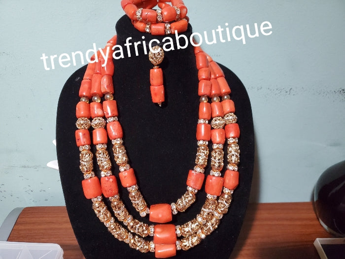 Edo coral-necklace set. Traditional Bridal wedding Coral beads long rows, + earrings and double Bracelets. Exclusive Nigerian Native bead design with gold accessories sold per set. Bridal-accessories