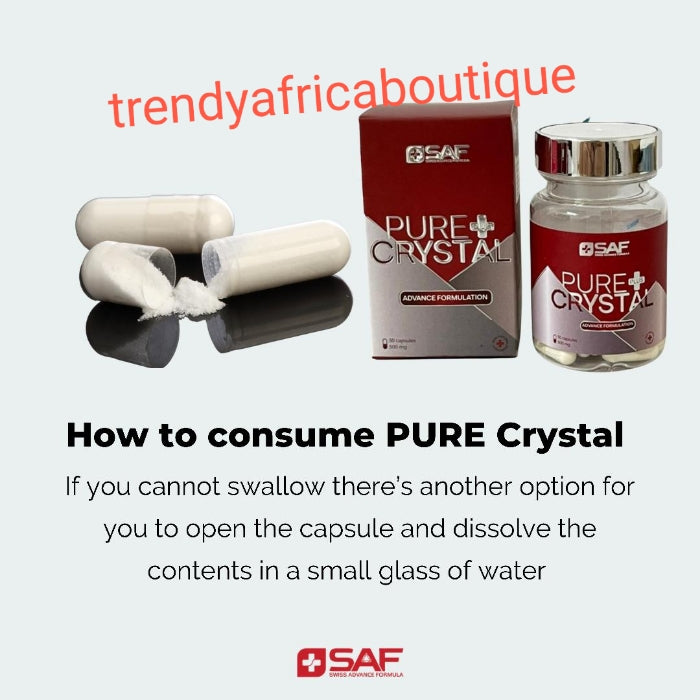 SAF (Swiss Advance Formula) pure crystal is a Skin brightening, glowing, anti aging supplements. 30/bottle.