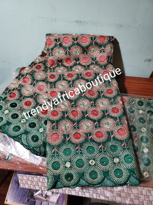 Quality emerald green/coral embroidery swiss lace fabric. embellished with clear crystal stones. Great quality and texture. Sold per 5yds. Price is for 5yds