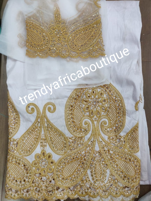 Original quality White/gold embriodery and beaded silk George wrapper. Nigerian traditional wedding George, Quality Indian-George. 5yds wrapper + 1.8yds net matching blouse. Aso-ebi available. Contact us for detail.
