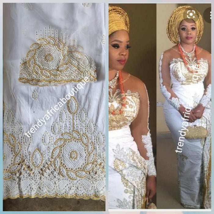 Original quality White/gold embriodery and beaded silk George wrapper. Nigerian traditional wedding George, Quality Indian-George. 5yds wrapper + 1.8yds net matching blouse. Aso-ebi discount available